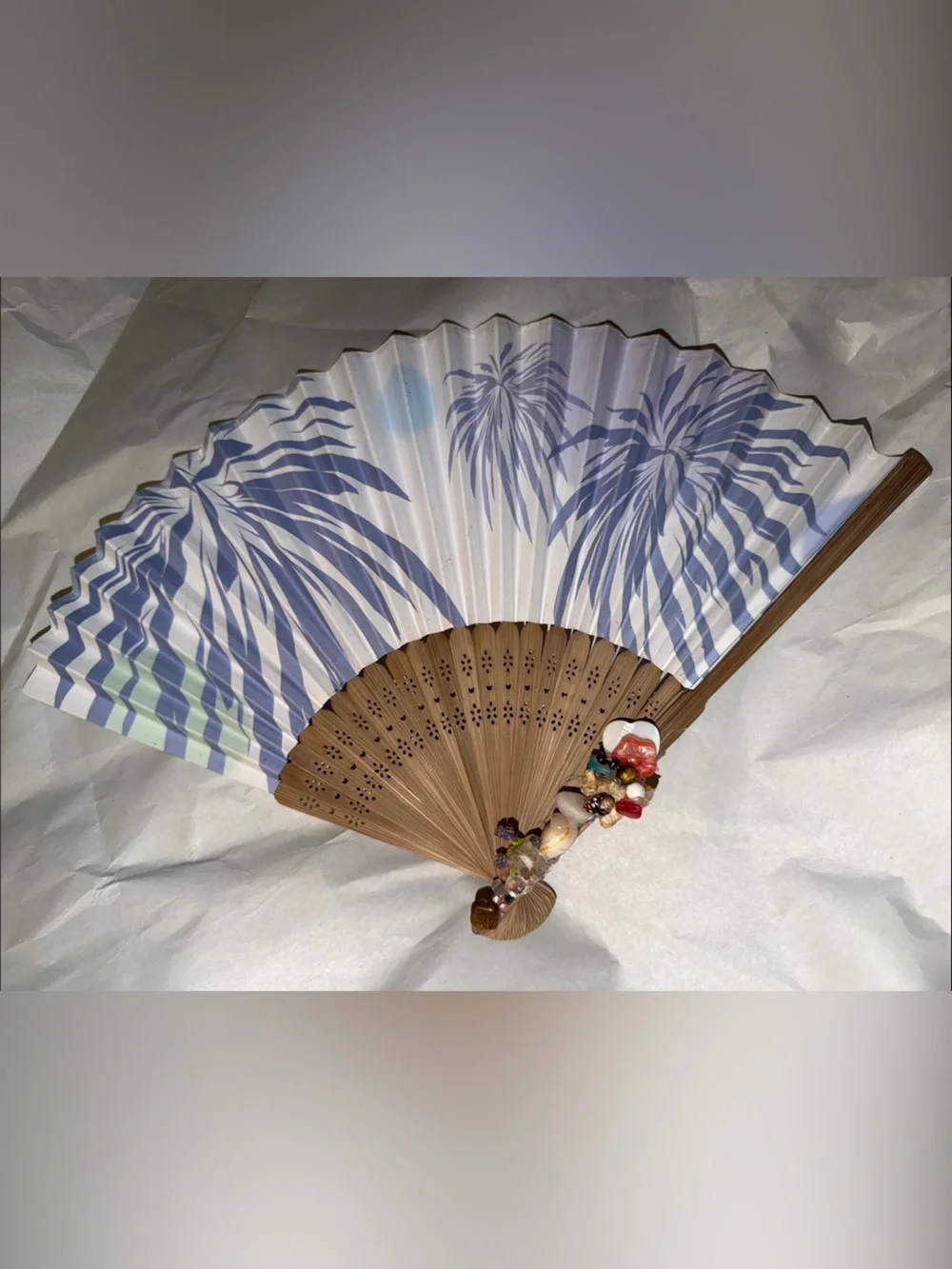 Handheld Folding Fan with Blue Floral Pattern